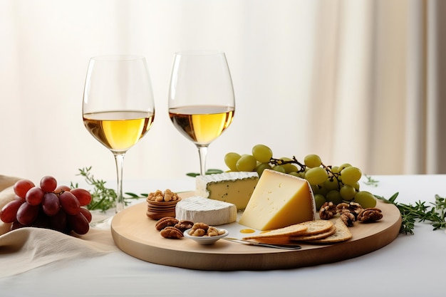 Plato de queso con quesos de uva y dos vasos con vino blanco en una mesa blanca