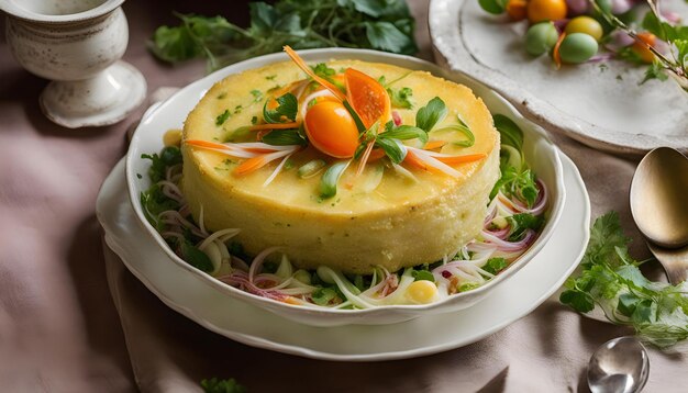 un plato de queso con una rebanada de limón en la parte superior