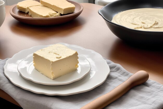 Un plato de queso sobre una mesa con un plato de salsa.