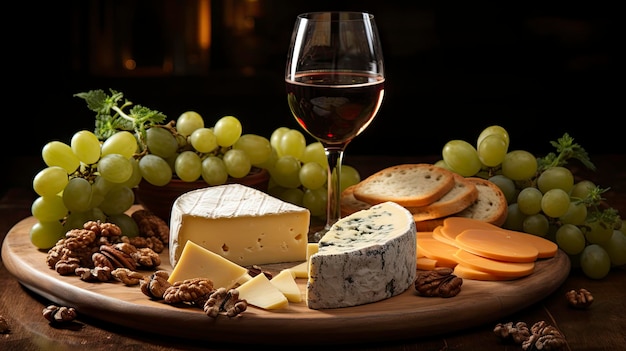 un plato de queso, uvas y una copa de vino.