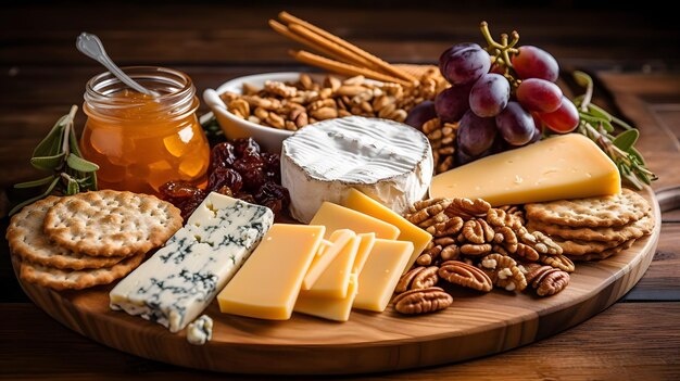 Plato de queso con uvas y nueces en una mesa de madera IA generativa