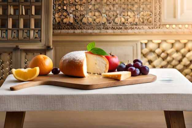 un plato de queso, uvas y un trozo de queso sobre una mesa.