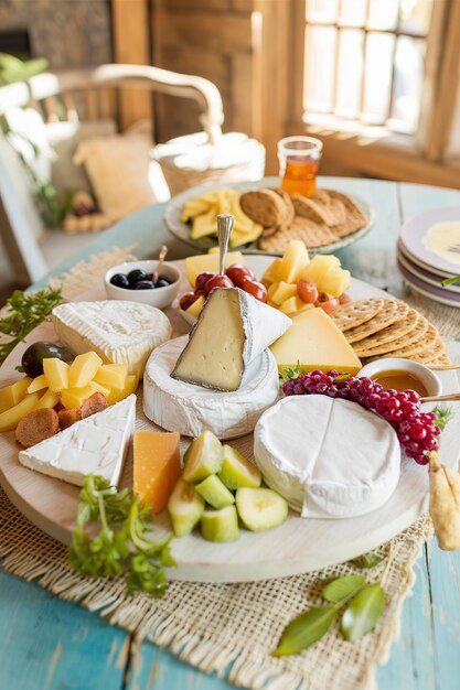 Foto plato de queso con una variedad de aperitivos en la mesa