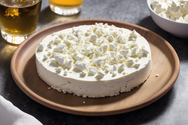 Un plato de queso con un vaso de cerveza al lado.