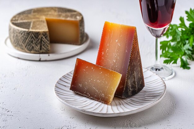 Foto un plato de queso y un vaso de vino al lado de un prato de quesos