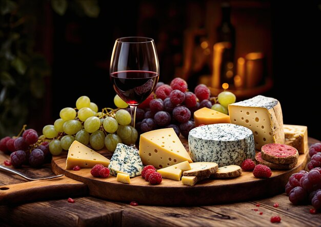 Plato de queso con vino tinto y uvas en una mesa de madera