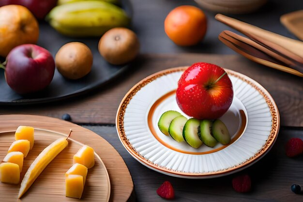 un plato de quesos y frutas con palillos en una mesa de madera.