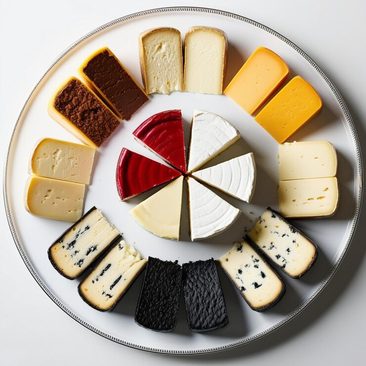 un plato de quesos y pasteles con uno que dice queso
