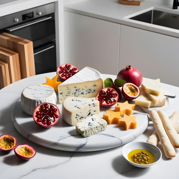 un plato de quesos, queso y frutas en un mostrador de la cocina