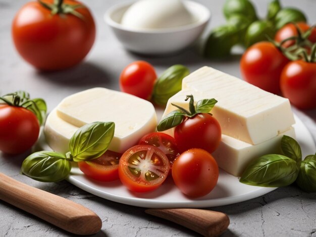 un plato de quesos con tomates queso y tomates