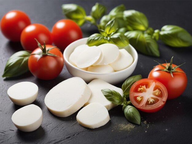 un plato de quesos con tomates queso y tomates