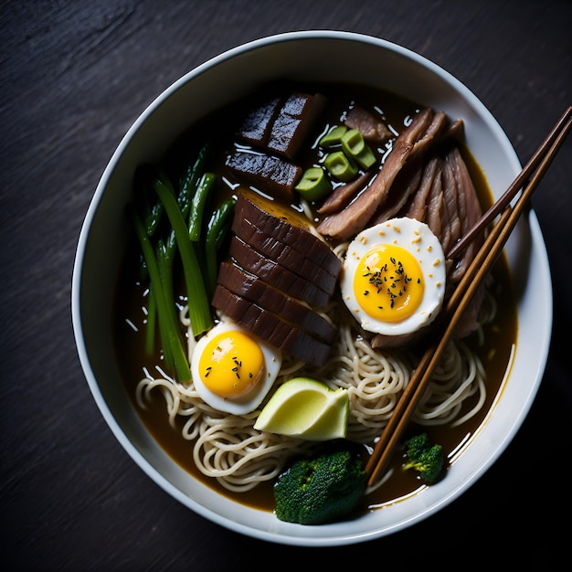 Un plato de ramen con carne, verduras y carne.