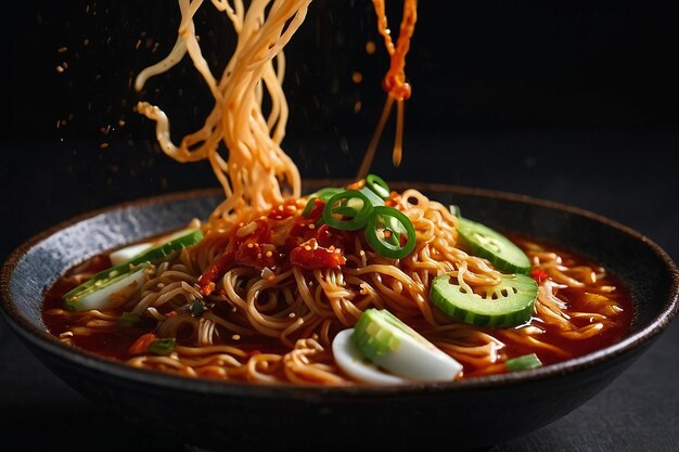 Foto un plato de ramen coreano picante con gochujang en un fondo negro