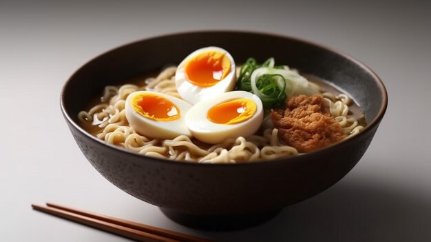 Un plato de ramen con dos huevos duros encima.