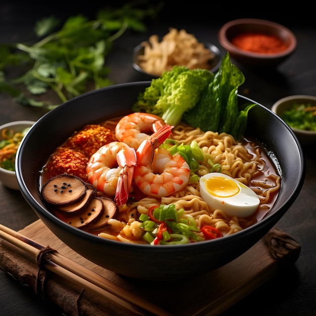 Un plato de ramen con gambas y huevo frito.