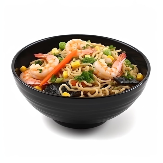 Un plato de ramen con gambas y verduras.