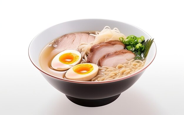 Un plato de ramen con un huevo duro al lado.