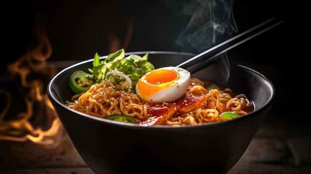 Un plato de ramen con un huevo duro encima.