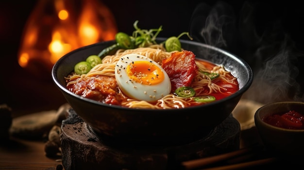 Un plato de ramen con un huevo duro encima