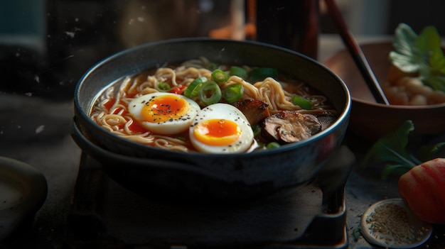 Un plato de ramen con un huevo duro encima.