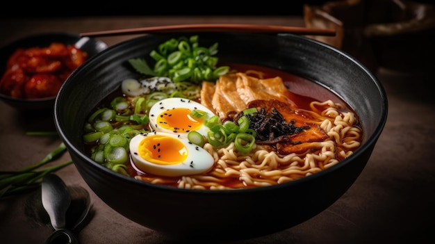 Un plato de ramen con un huevo duro encima