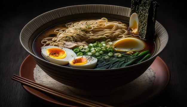 Un plato de ramen con un huevo duro encima