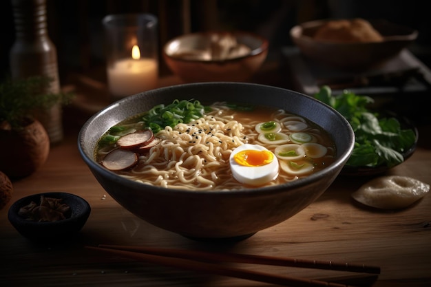 Foto un plato de ramen con un huevo duro encima.