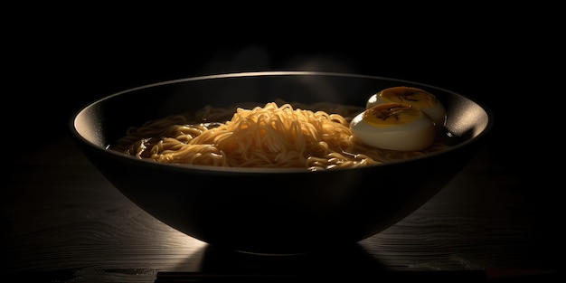 Un plato de ramen con un huevo duro encima