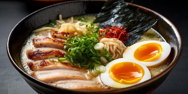 Un plato de ramen con un huevo duro encima