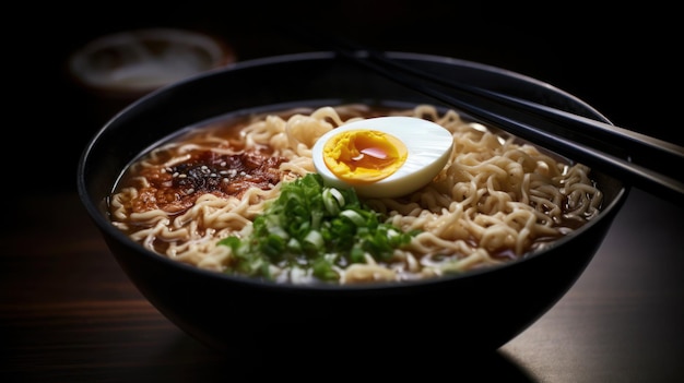 Un plato de ramen con un huevo duro encima