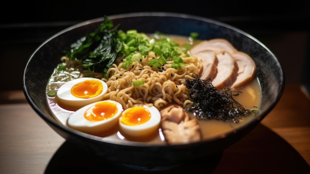 Un plato de ramen con un huevo duro encima.