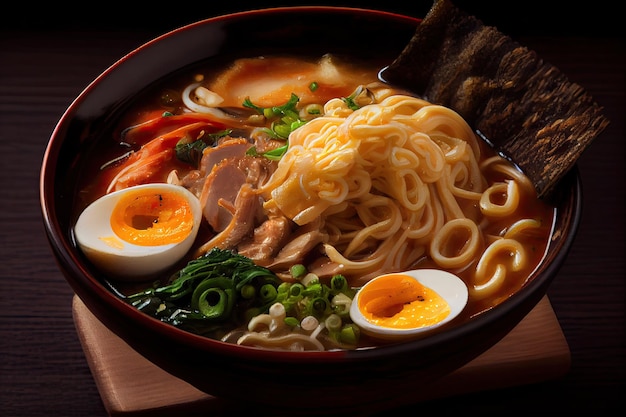 Un plato de ramen con un huevo duro encima.