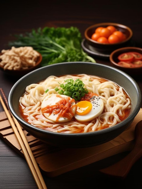 un plato de ramen con un huevo en la parte superior