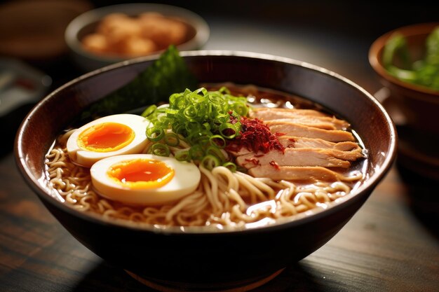 Foto un plato de ramen con huevo y pollo