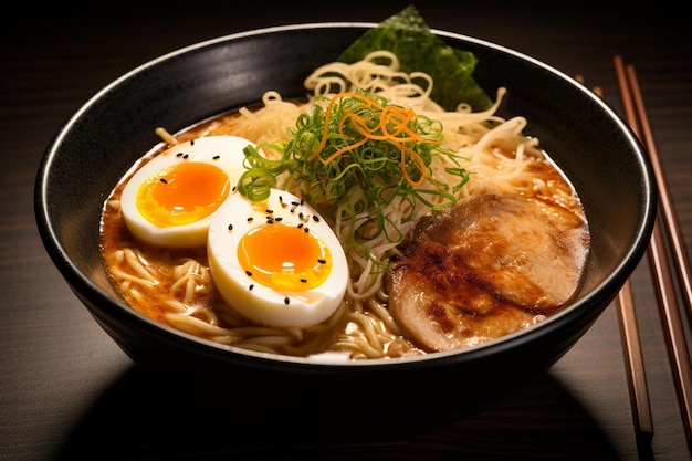 Un plato de ramen con un plato de fideos y carne.