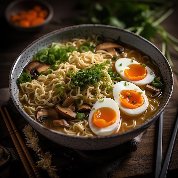 Un plato de ramen con unas rodajas de cebolla verde encima.