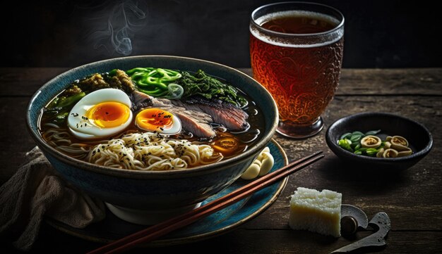 Un plato de ramen con un vaso de cerveza al lado.