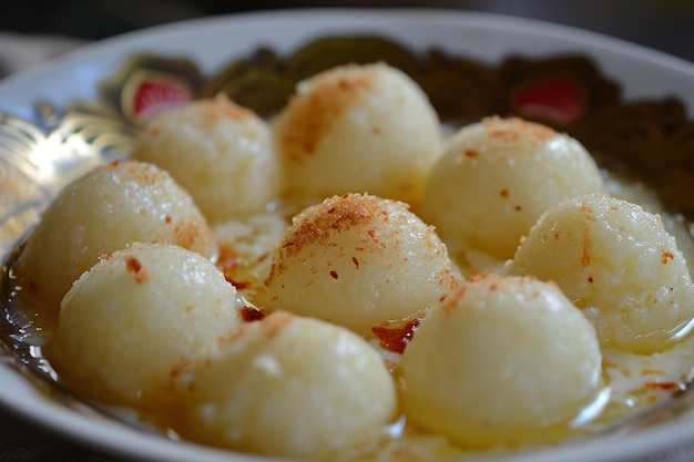 Un plato de rasgulla, un postre con jarabe popular en el subcontinente indio y sus regiones