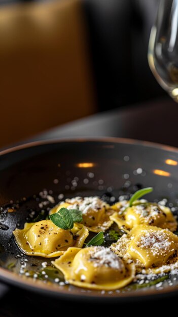 Plato de ravioli con queso parmesano y una copa de vino