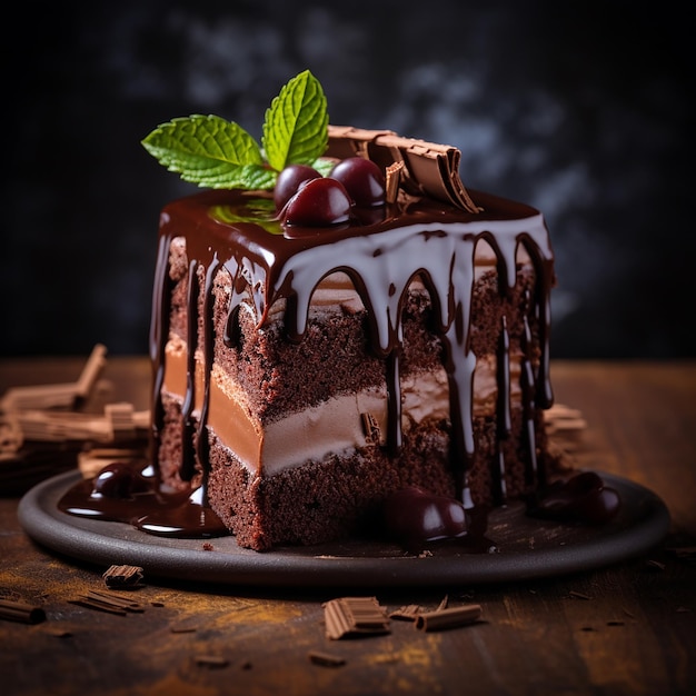 Plato con una rebanada de saboroso pastel de chocolate casero en la mesa