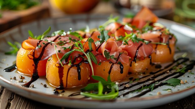 Un plato de rebanadas de melón envueltas en prosciutto con una reducción balsámica