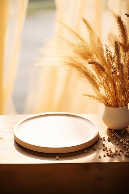 Foto plato redondo blanco en una mesa de madera con hierba seca en un jarrón