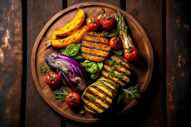 En un plato redondo de madera bellamente presentado verduras a la parrilla