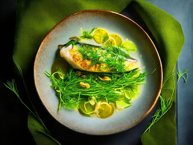 Un plato redondo de pescado con rebanada de almendra en jengibre y chile salsa de eneldo fresco con verduras verdes