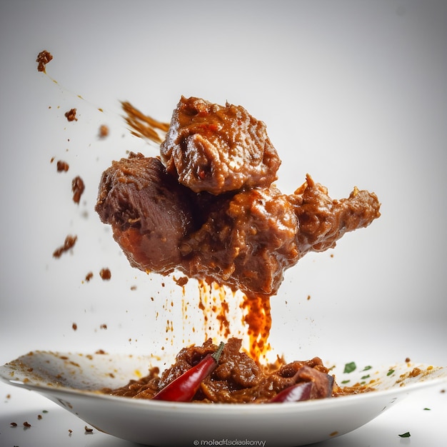 Un plato de rendang con un fondo blanco.