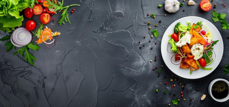 Plato de restaurante nutritivo en cerámica blanca colocado en plano con copia de la vista de pájaro del espacio en la superficie oscura