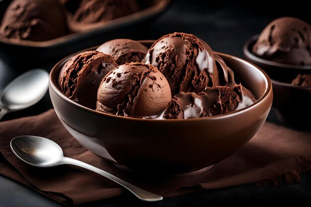 Foto un plato de rico y decadente helado de chocolate con un plato de crujientes y deliciosas pieles de patata