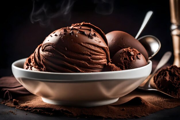 Foto un plato de rico y decadente helado de chocolate con un plato de crujientes y deliciosas pieles de patata
