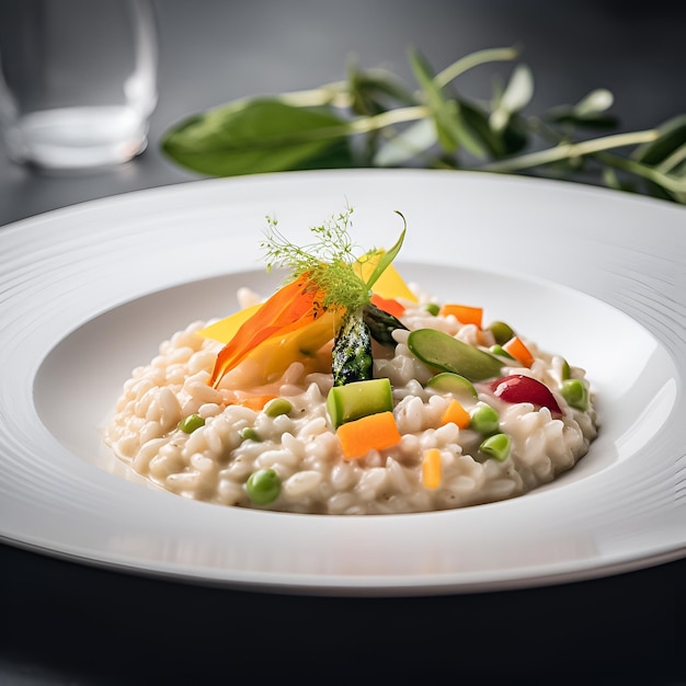 Un plato de risotto con verduras y hierbas.