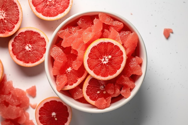 Un plato de rodajas de pomelo con un fondo blanco.